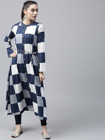 Women's  Navy & White Checked A-Line Kurta