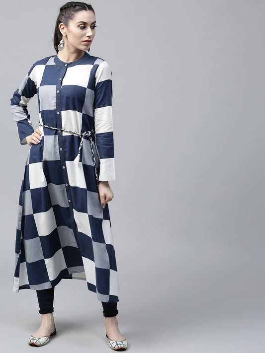 Women's  Navy & White Checked A-Line Kurta