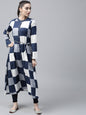 Women's  Navy & White Checked A-Line Kurta