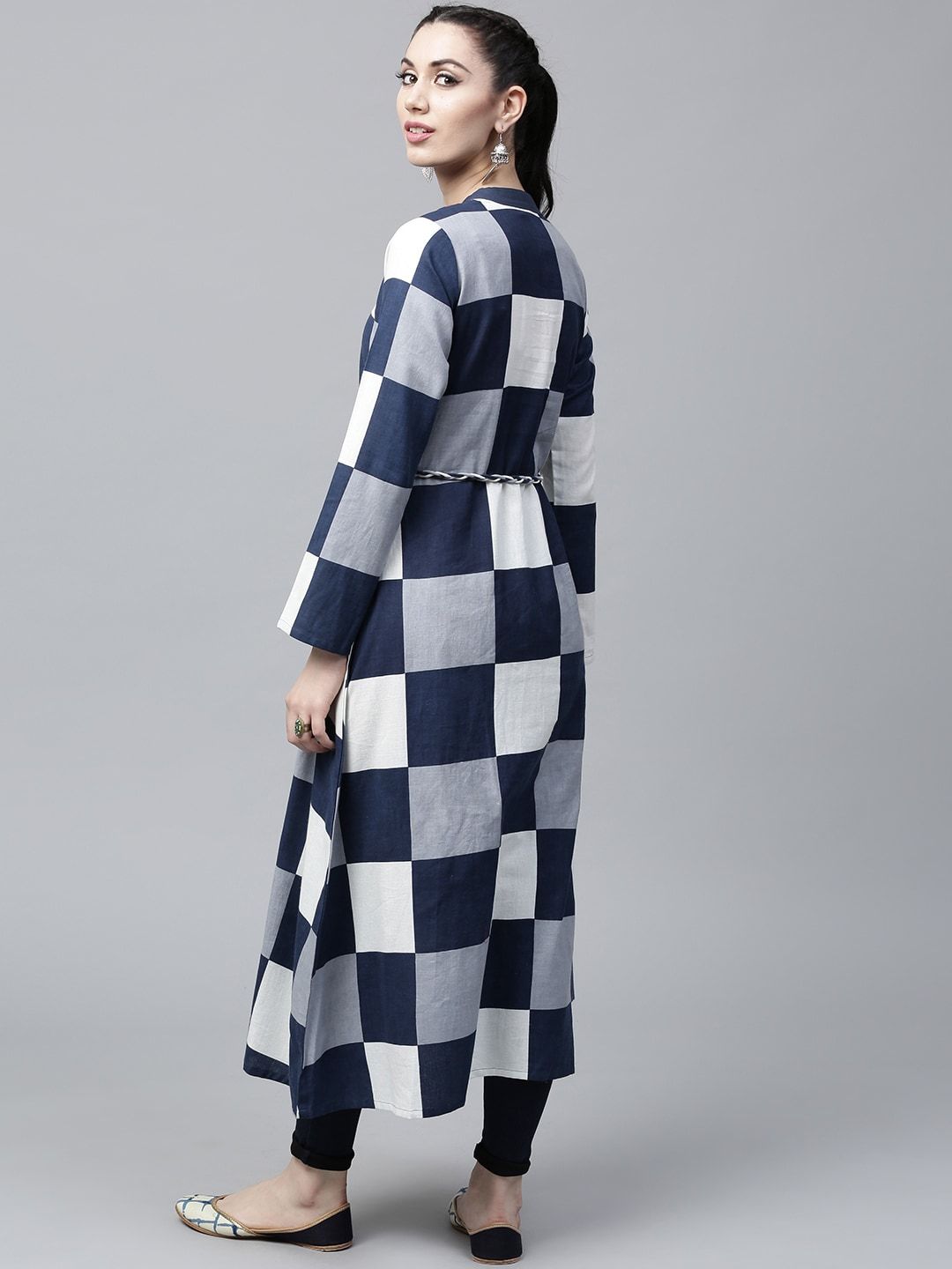 Women's  Navy & White Checked A-Line Kurta