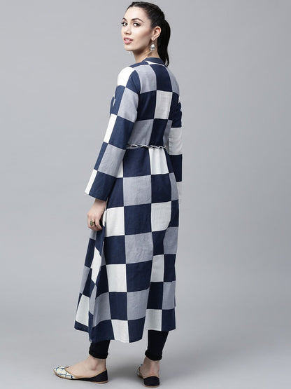 Women's  Navy & White Checked A-Line Kurta