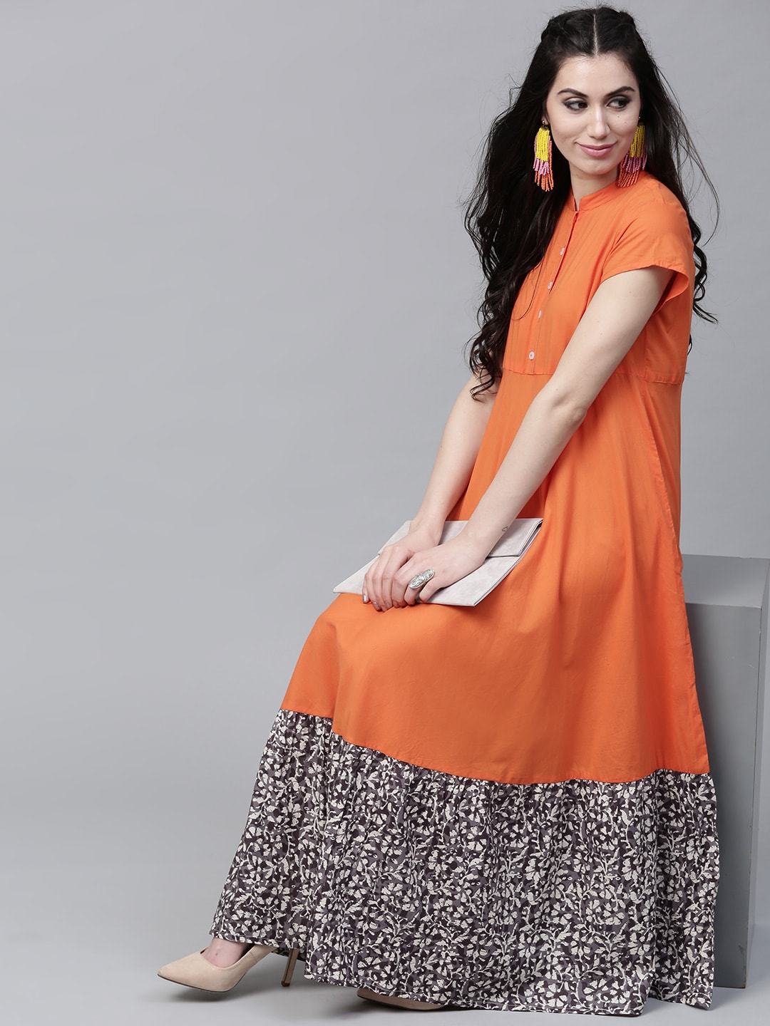 Women's  Orange Printed Detail Maxi Dress