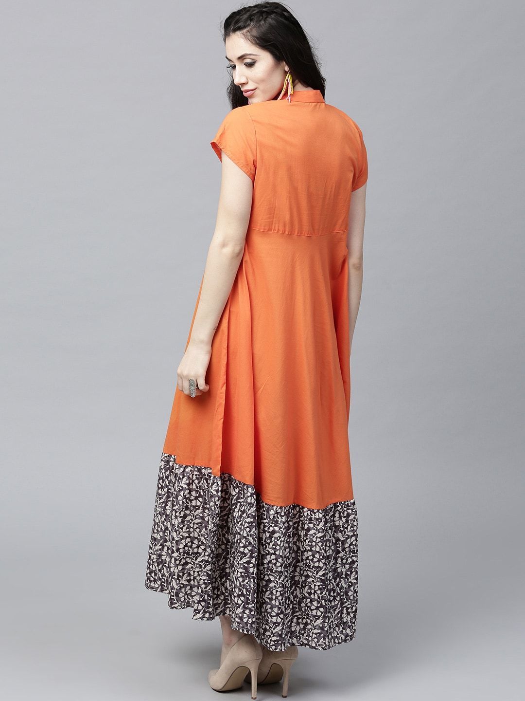 Women's  Orange Printed Detail Maxi Dress