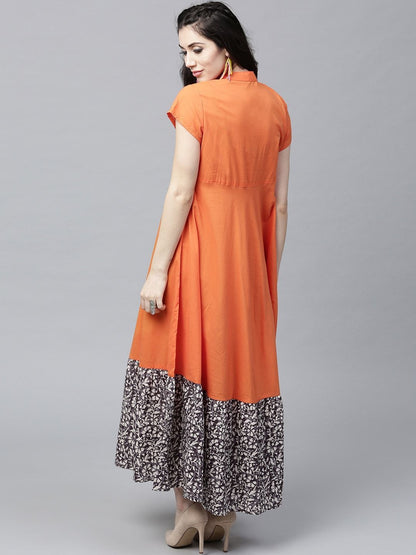 Women's  Orange Printed Detail Maxi Dress