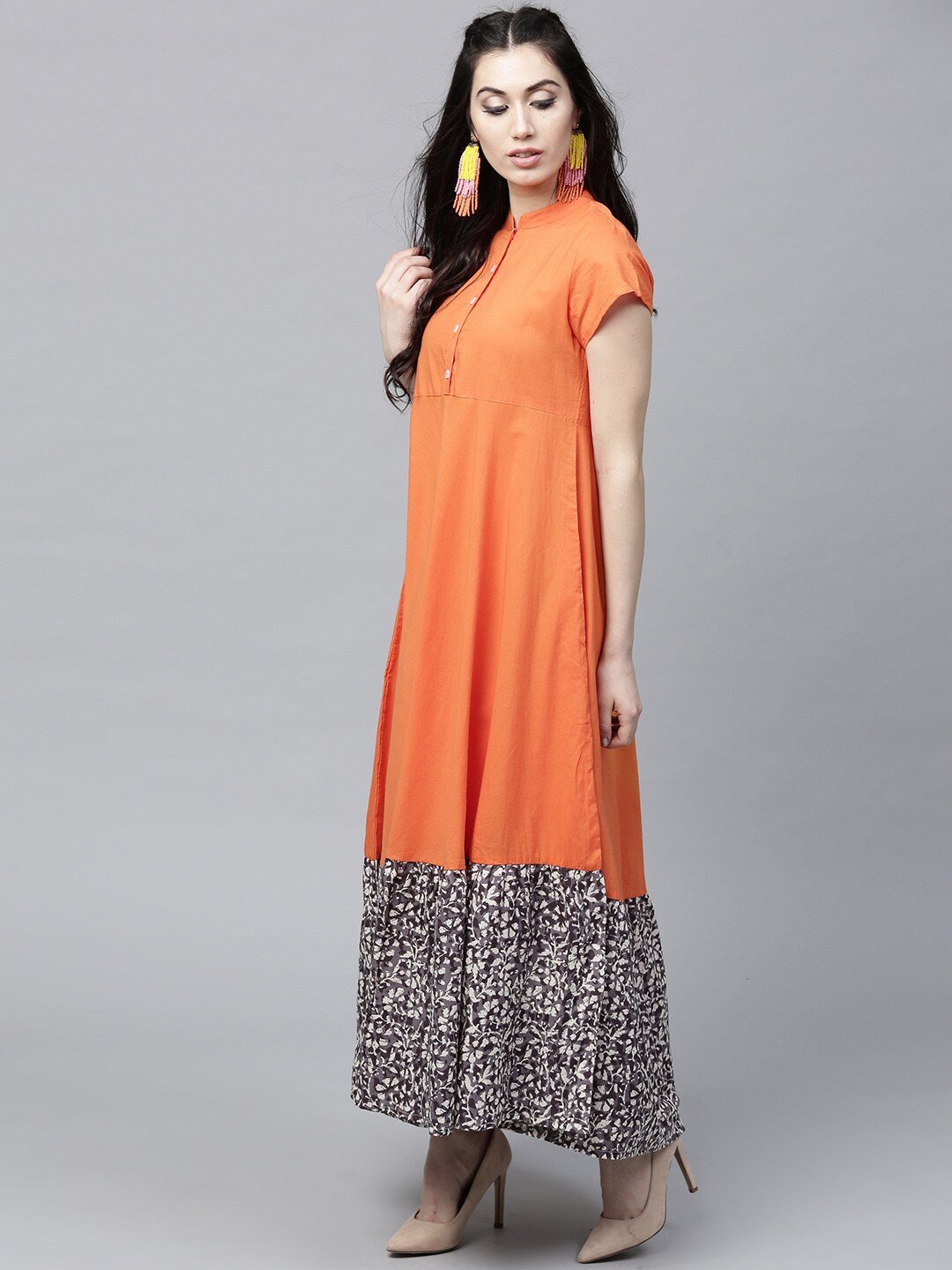 Women's  Orange Printed Detail Maxi Dress