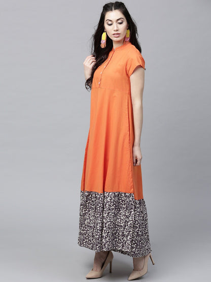 Women's  Orange Printed Detail Maxi Dress