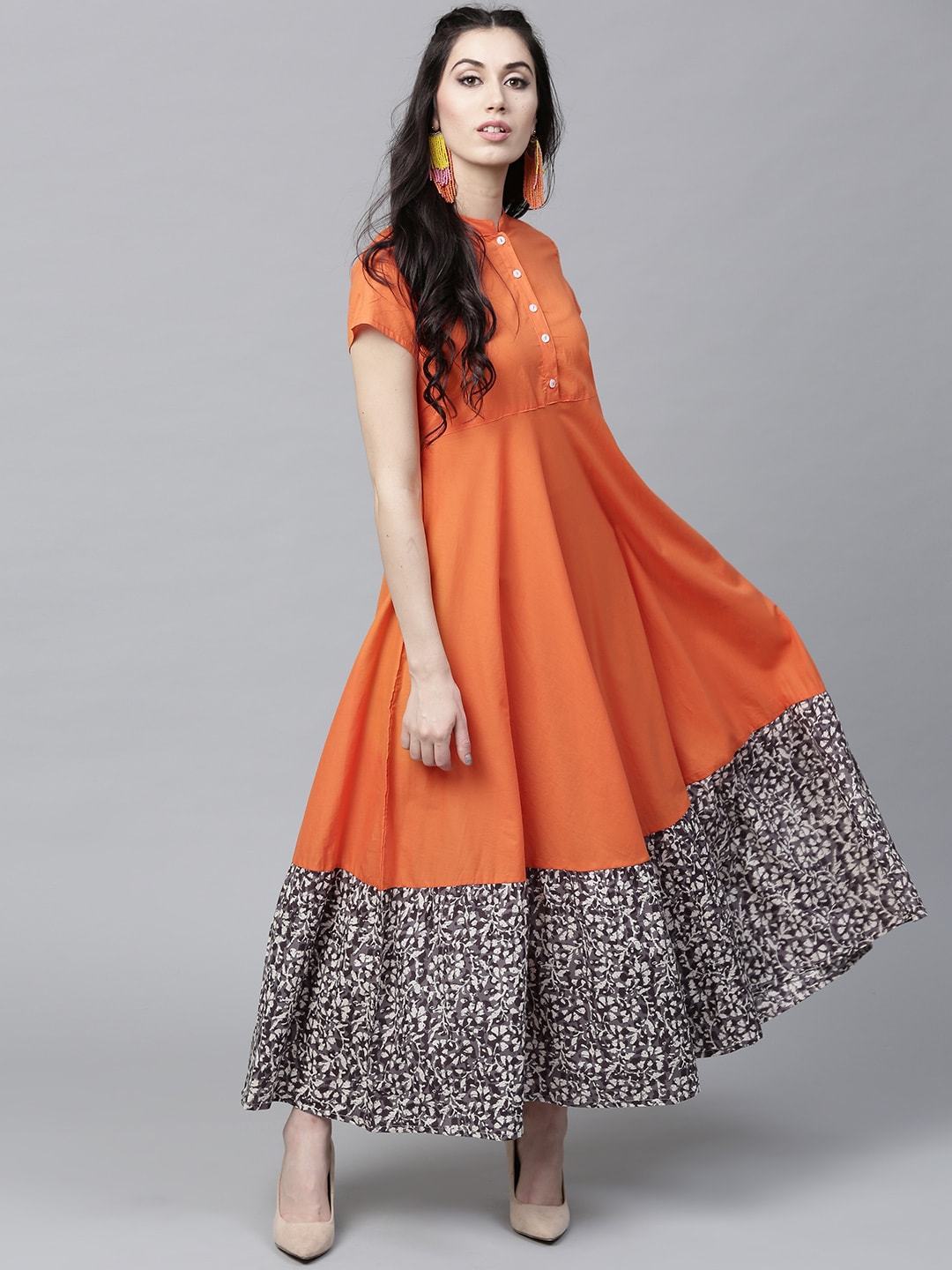 Women's  Orange Printed Detail Maxi Dress