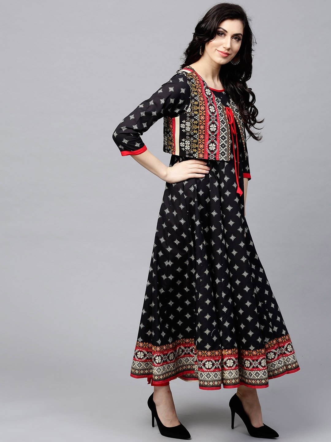 Women Black Printed Anarkali kurta with Jacket by AkS (Set