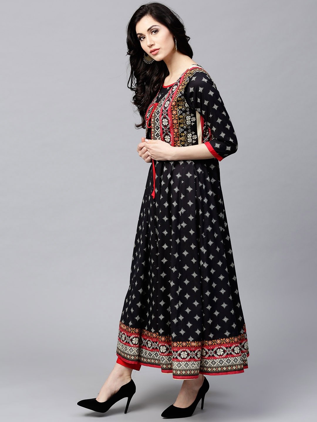 Women Black Printed Anarkali kurta with Jacket by AkS (Set