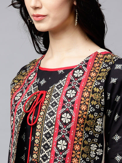 Women Black Printed Anarkali kurta with Jacket by AkS (Set