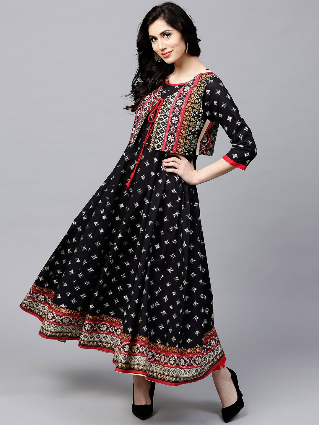 Women Black Printed Anarkali kurta with Jacket by AkS (Set