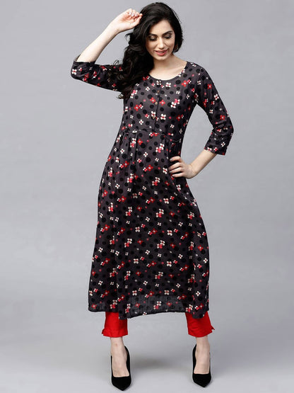 Women's  Charcoal Grey & Black Printed A-Line Kurta