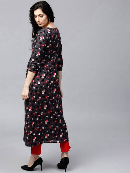 Women's  Charcoal Grey & Black Printed A-Line Kurta