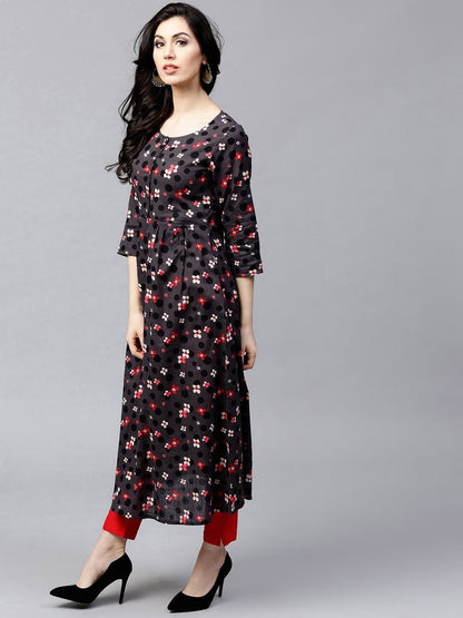 Women's  Charcoal Grey & Black Printed A-Line Kurta