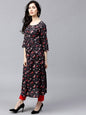 Women's  Charcoal Grey & Black Printed A-Line Kurta