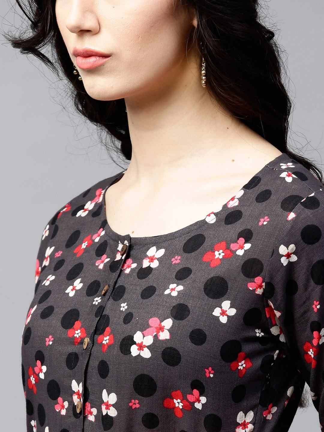 Women's  Charcoal Grey & Black Printed A-Line Kurta