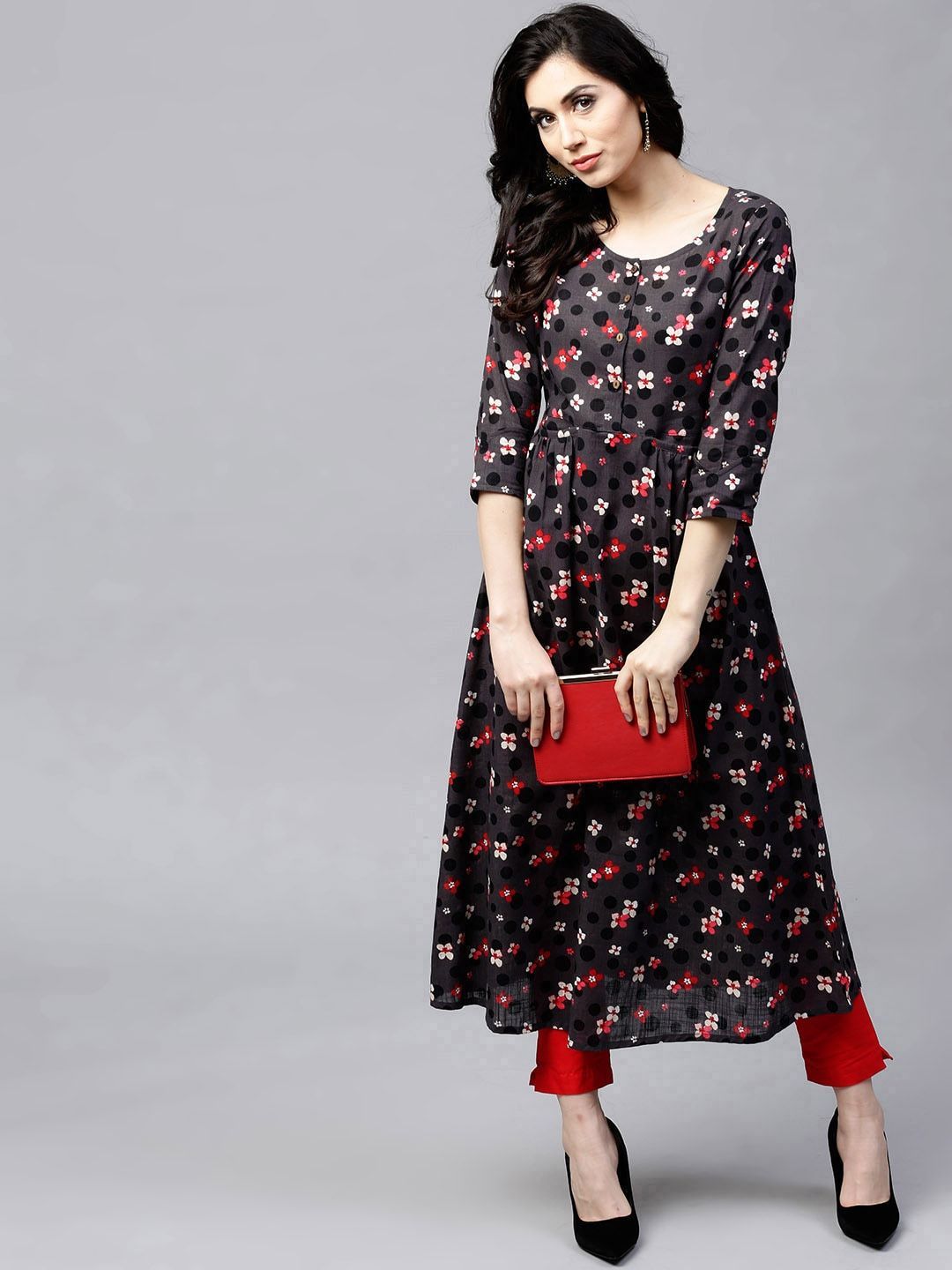 Women's  Charcoal Grey & Black Printed A-Line Kurta