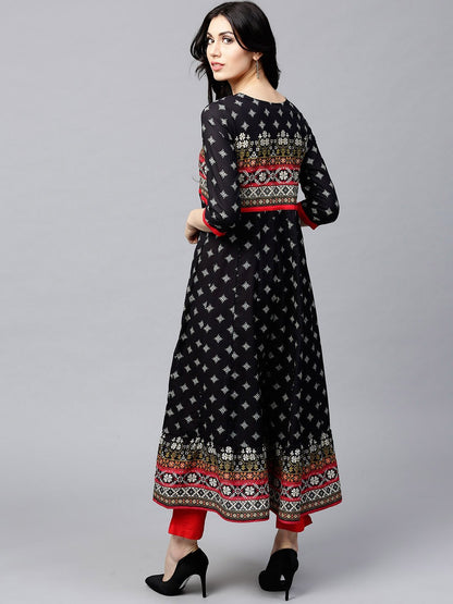 Women's  Black & Off-White Printed Tiered Anarkali Kurta