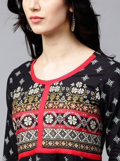 Women's  Black & Off-White Printed Tiered Anarkali Kurta