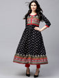 Women's  Black & Off-White Printed Tiered Anarkali Kurta
