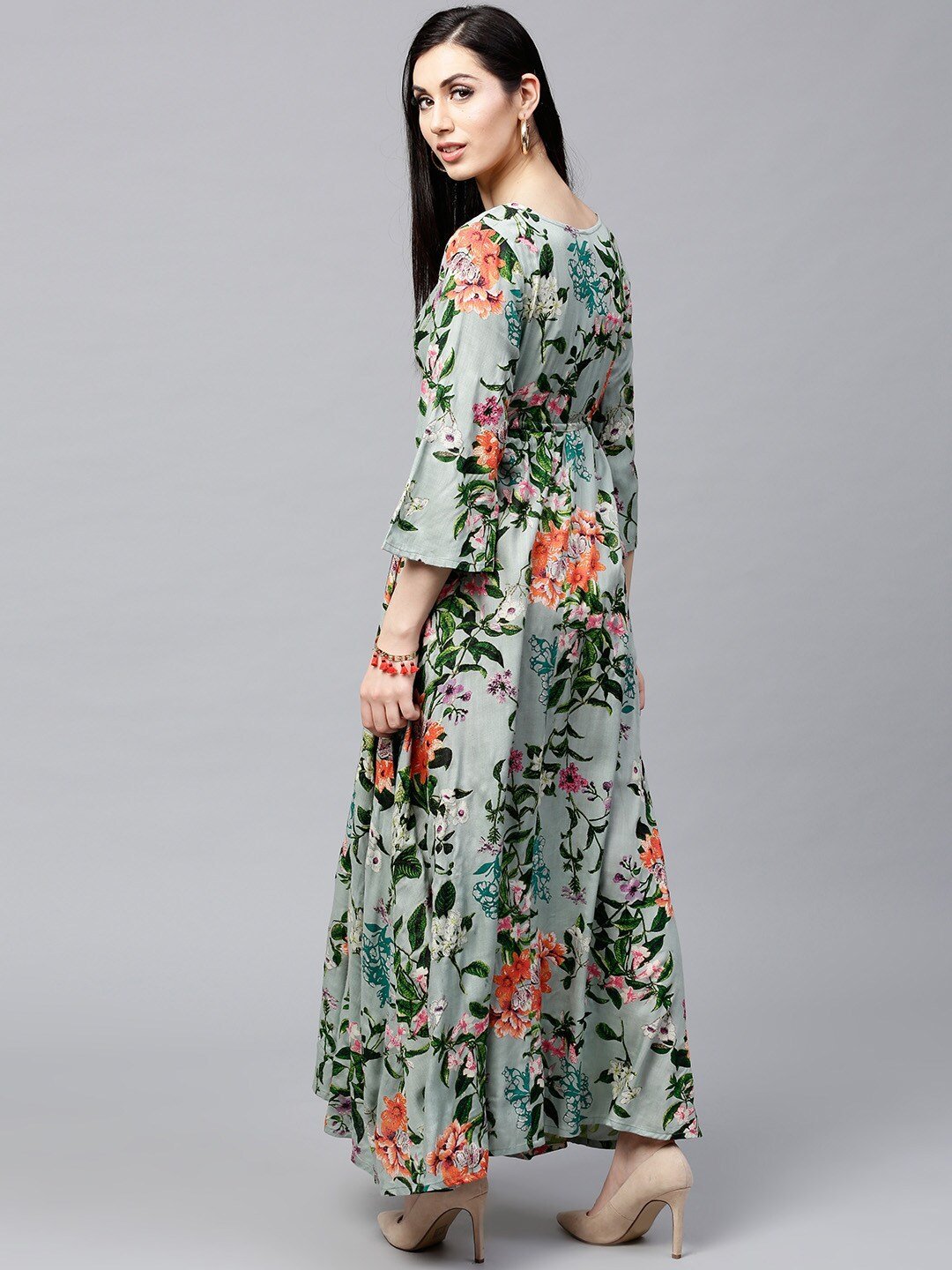 Women's  Green & Orange Floral Print A-Line Kurta