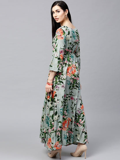 Women's  Green & Orange Floral Print A-Line Kurta