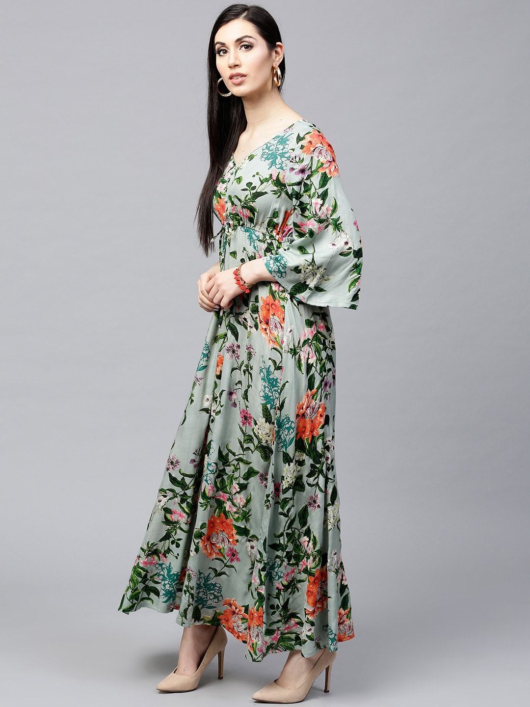 Women's  Green & Orange Floral Print A-Line Kurta