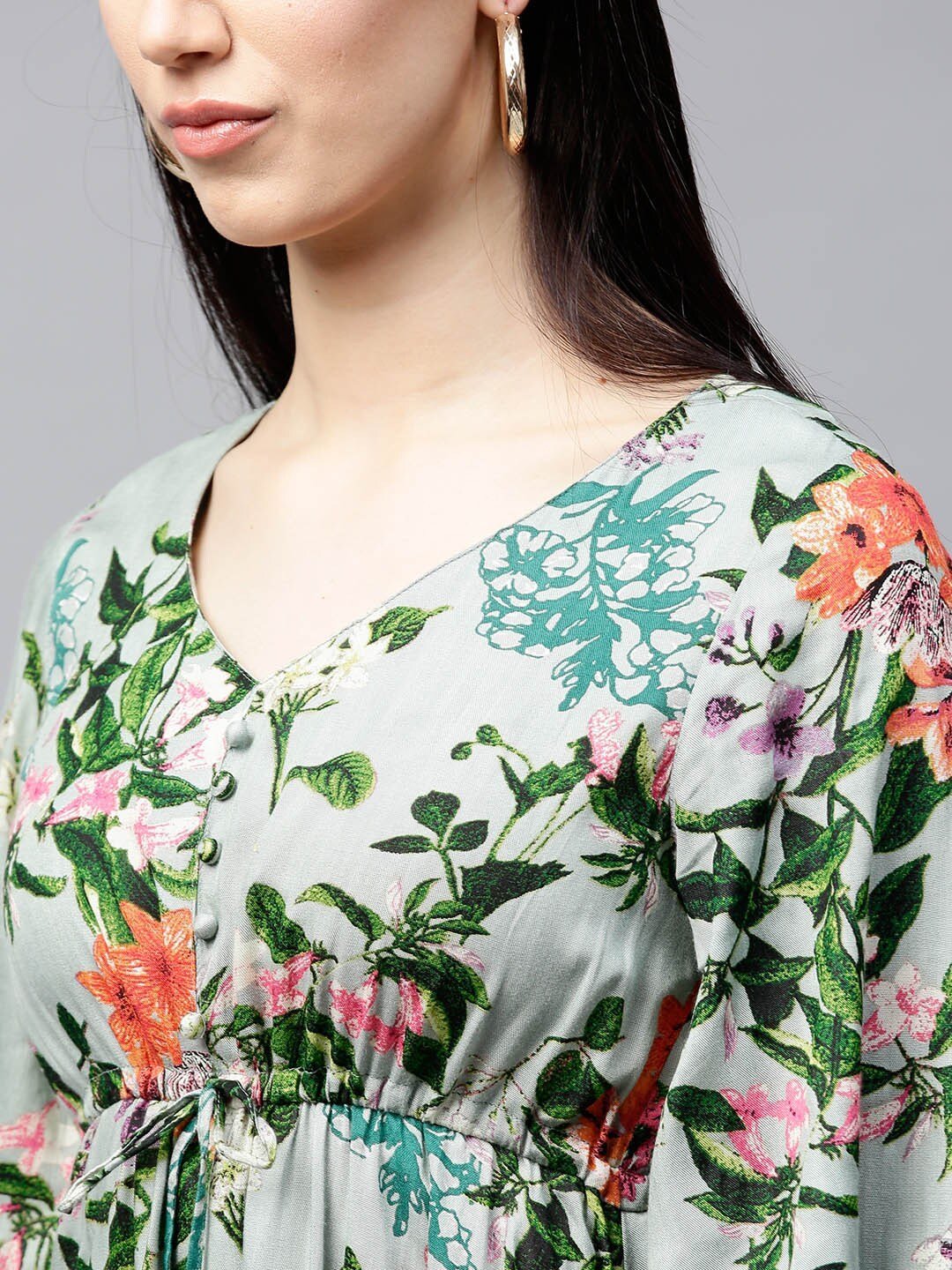 Women's  Green & Orange Floral Print A-Line Kurta