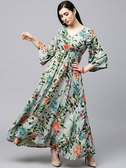 Women's  Green & Orange Floral Print A-Line Kurta