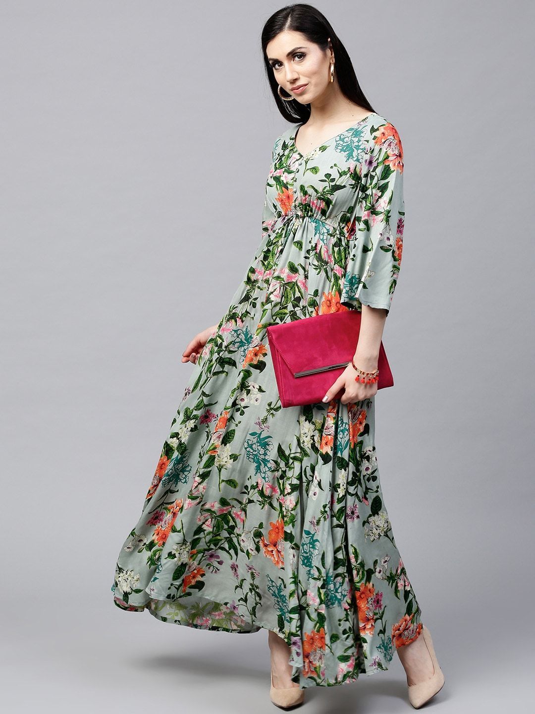 Women's  Green & Orange Floral Print A-Line Kurta