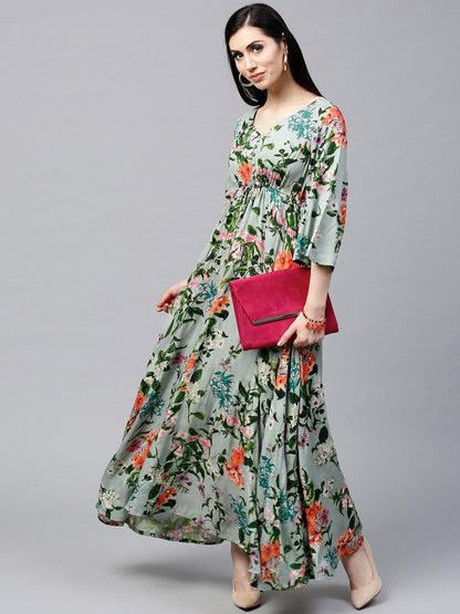 Women's  Green & Orange Floral Print A-Line Kurta