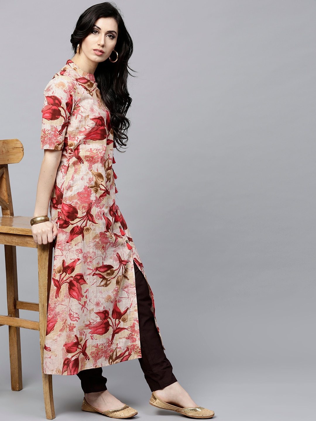Women's  Red & Beige Floral Print A-Line Kurta