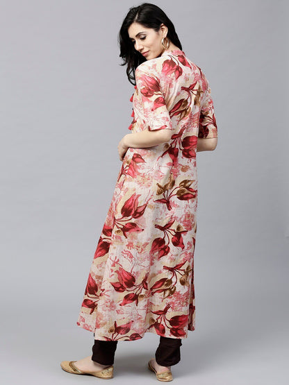Women's  Red & Beige Floral Print A-Line Kurta
