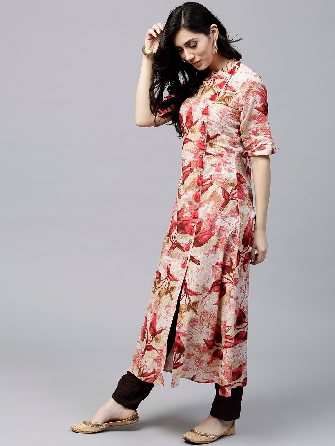 Women's  Red & Beige Floral Print A-Line Kurta