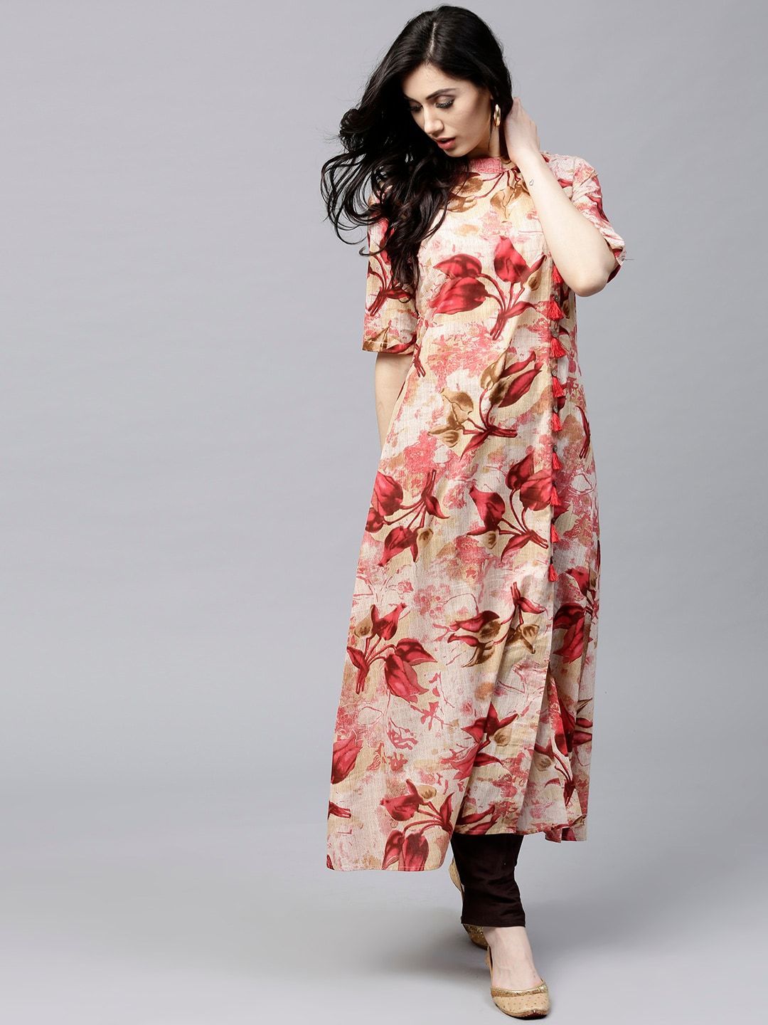 Women's  Red & Beige Floral Print A-Line Kurta