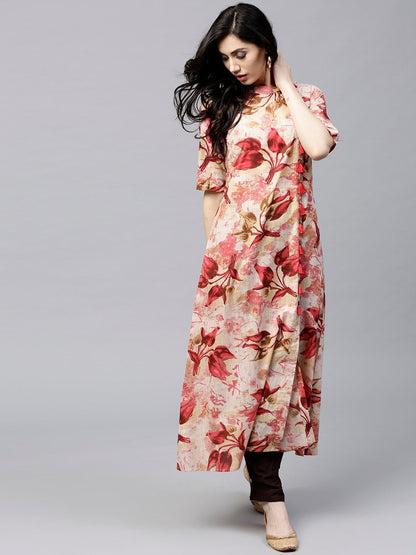 Women's  Red & Beige Floral Print A-Line Kurta