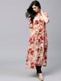 Women's  Red & Beige Floral Print A-Line Kurta