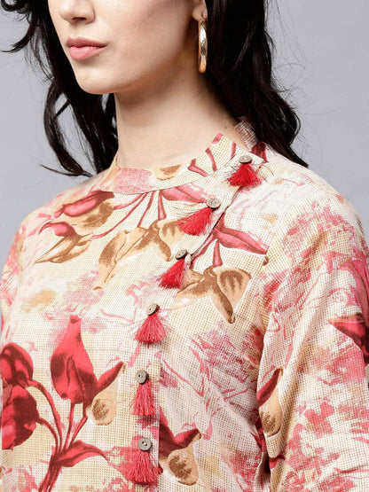Women's  Red & Beige Floral Print A-Line Kurta