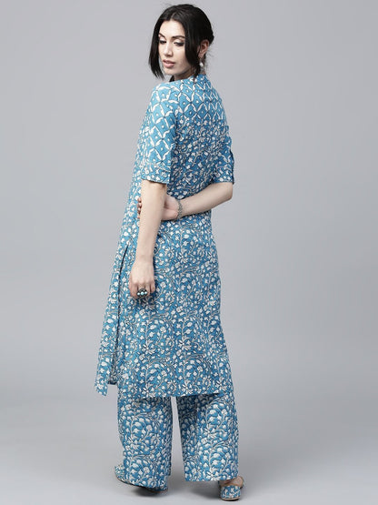 Women's  Blue & White Printed Straight Kurta