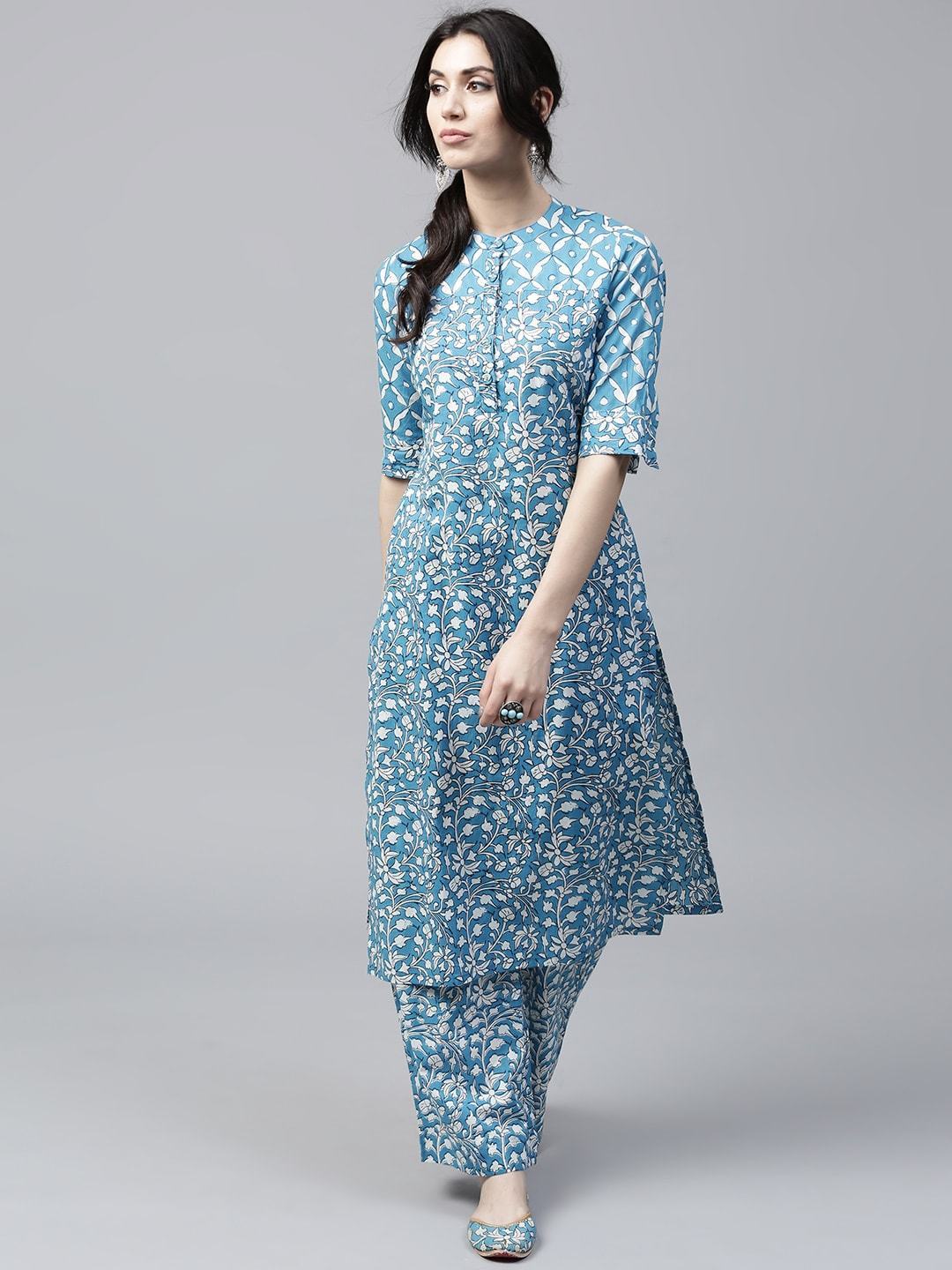 Women's  Blue & White Printed Straight Kurta