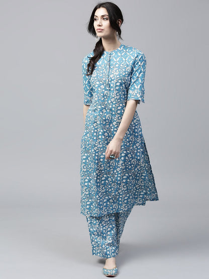 Women's  Blue & White Printed Straight Kurta