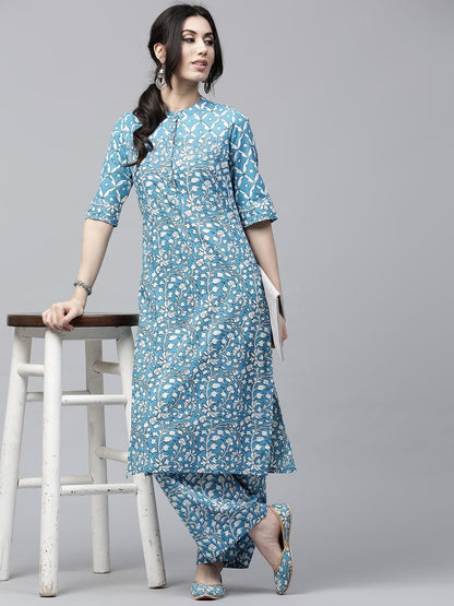 Women's  Blue & White Printed Straight Kurta