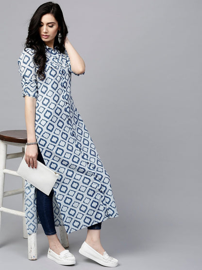 Women's  Navy & Off-White Printed Straight Kurta