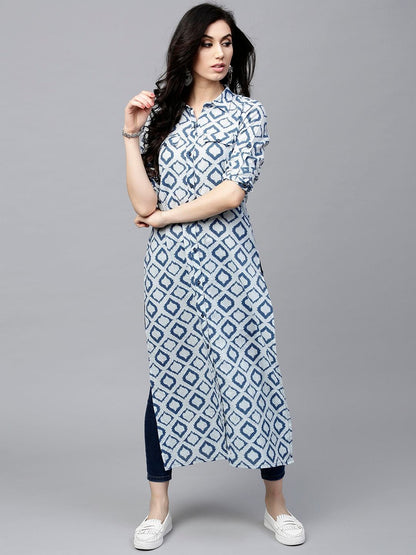 Women's  Navy & Off-White Printed Straight Kurta