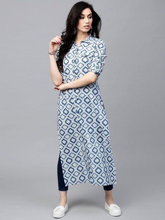 Women's  Navy & Off-White Printed Straight Kurta