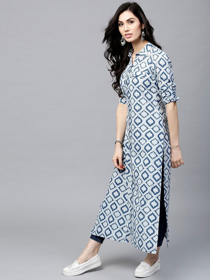Women's  Navy & Off-White Printed Straight Kurta
