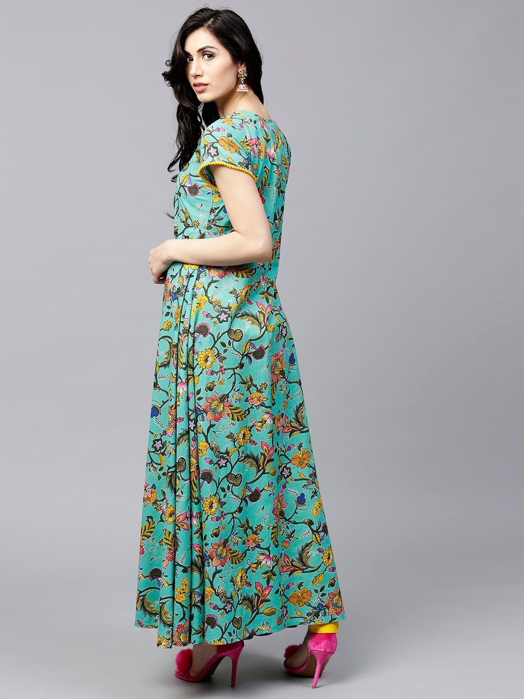 Women's  Green & Yellow Floral Print Anarkali Kurta