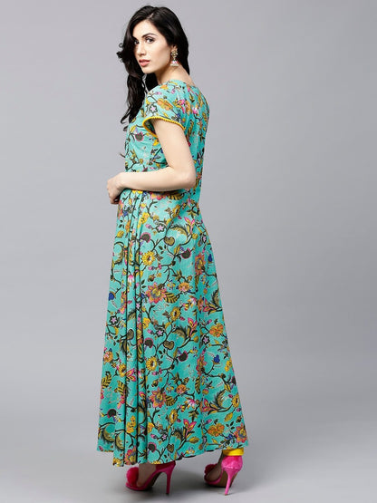 Women's  Green & Yellow Floral Print Anarkali Kurta