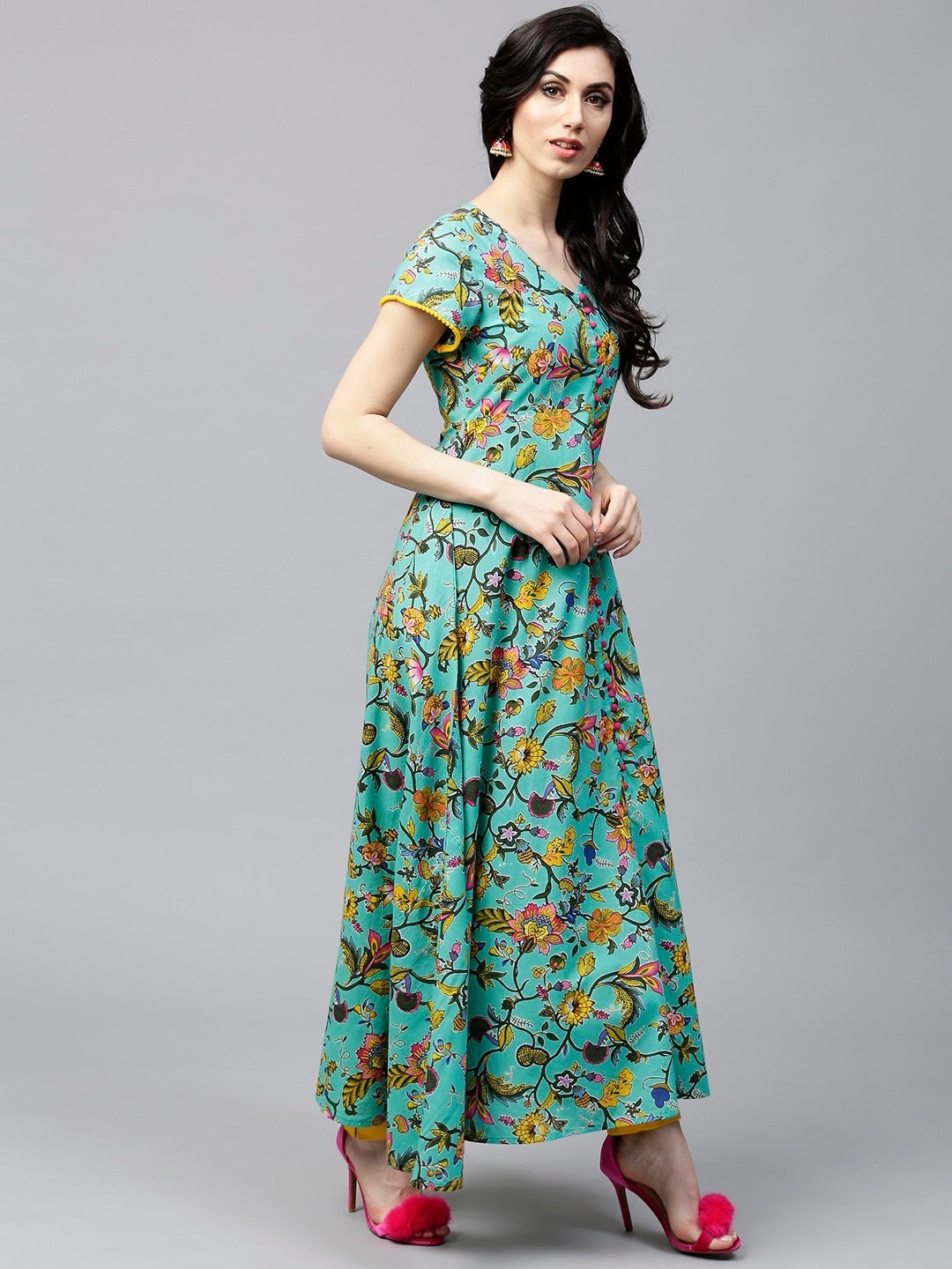 Women's  Green & Yellow Floral Print Anarkali Kurta