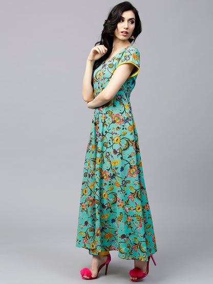 Women's  Green & Yellow Floral Print Anarkali Kurta